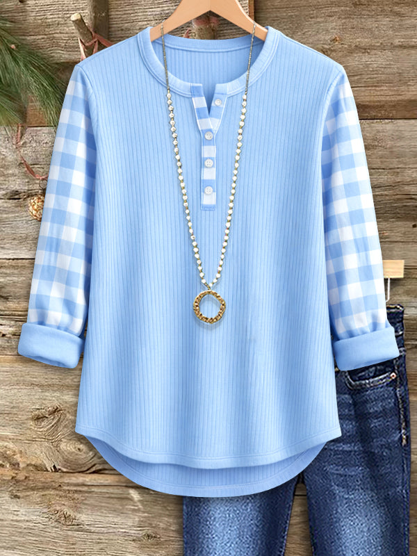 Cozy Ribbed Henley Plaid Sleeve Top