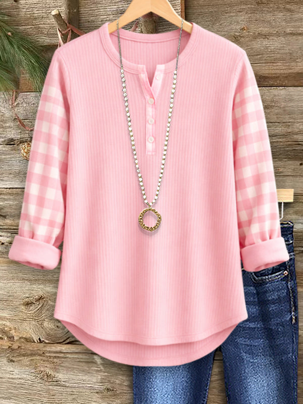 Cozy Ribbed Henley Plaid Sleeve Top
