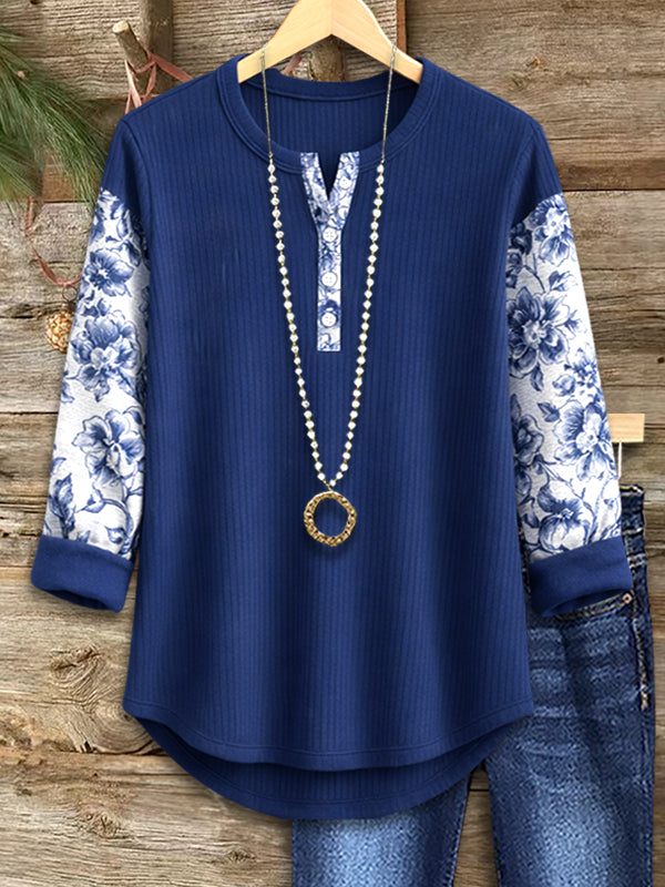 Blue And White Porcelain-Patterned Patchwork Casual Henley