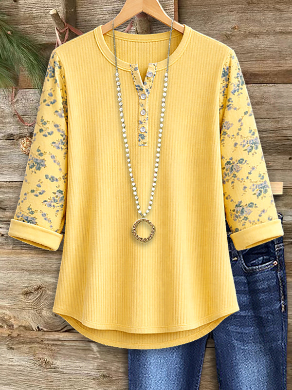 Sunshine Ribbed Floral Sleeve Split-Neck Top