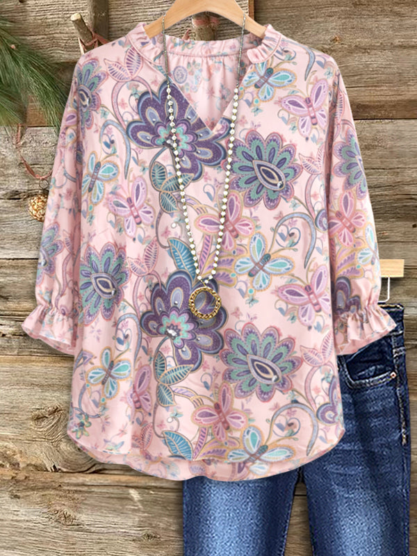 Boho Garden Ruffled Sleeve Blouse