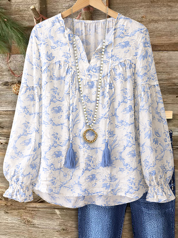 Blue Willow Tassel Tie Blouse