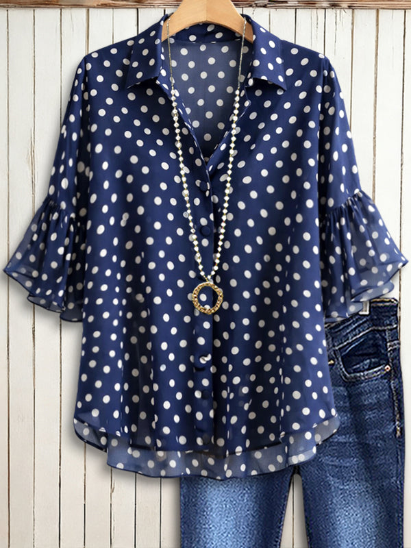 Navy Dot Flutter Sleeve Blouse