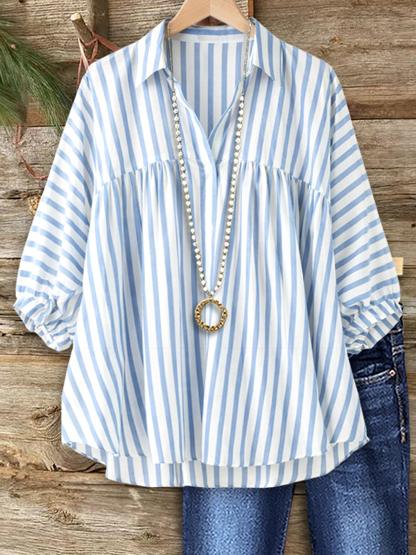 Sky Breeze Puff Sleeve Stripe Blouse