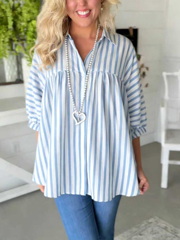 Sky Breeze Puff Sleeve Stripe Blouse