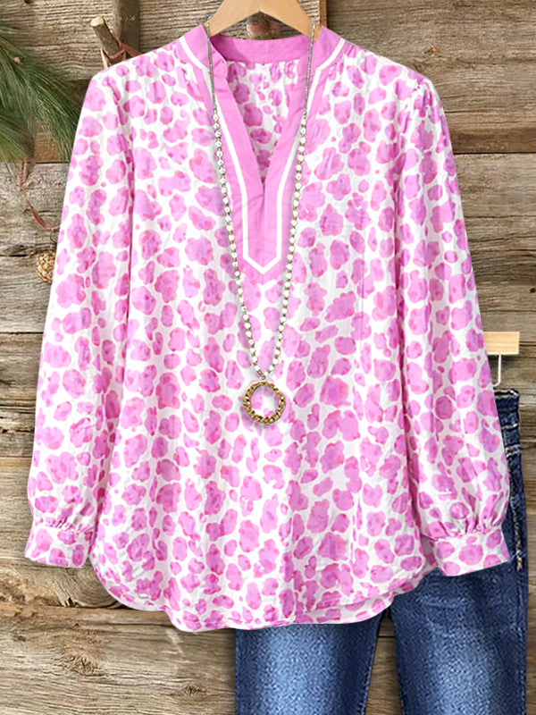 Pink Leopard V-Neck Cotton Blouse