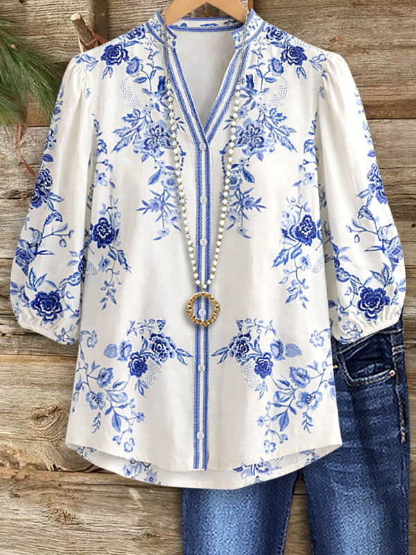 Blue Bloom V-Neck Puff Sleeve Blouse