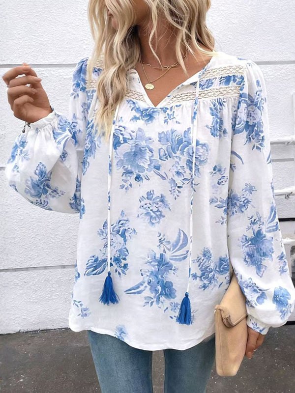 Blue Blossom V-Neck Tassel Peasant Blouse