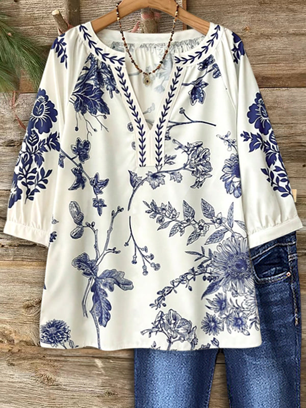 Porcelain Blue V-Neck Casual Blouse