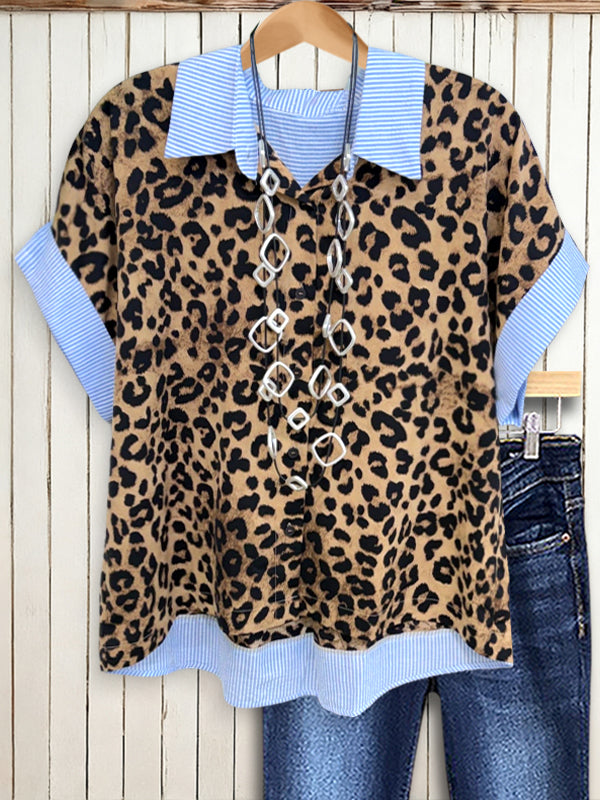 Leopard Contrast Collar Short Sleeve Blouse