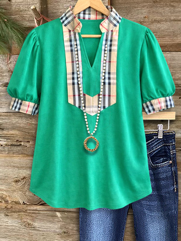 Emerald Plaid-Trim Puff Sleeve Top