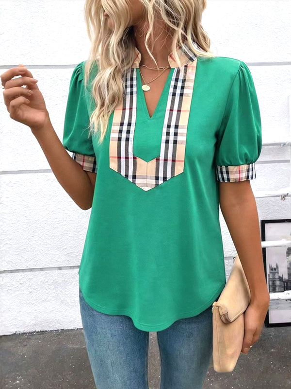 Emerald Plaid-Trim Puff Sleeve Top