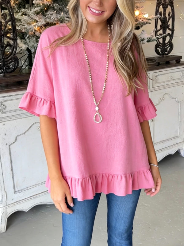 Solid Color Ruffled Casual Top