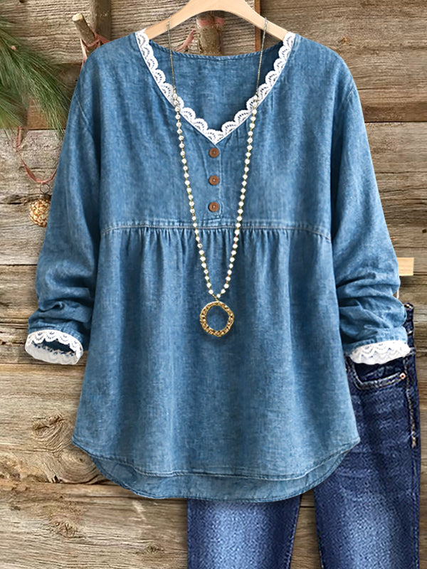 Willow Lace Trim Denim Blouse
