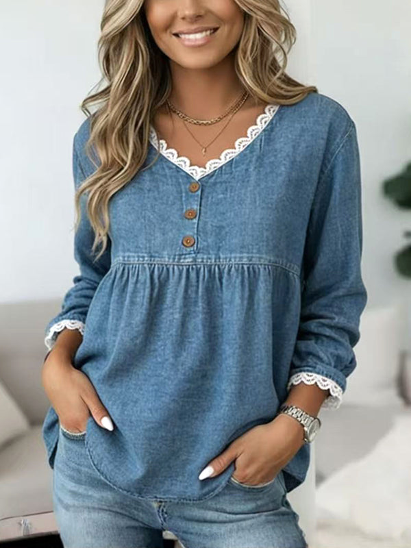 Willow Lace Trim Denim Blouse