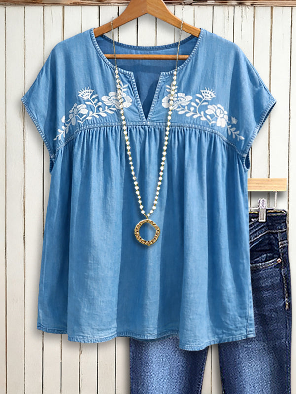 Denim Bloom Embroidered V-Neck Blouse