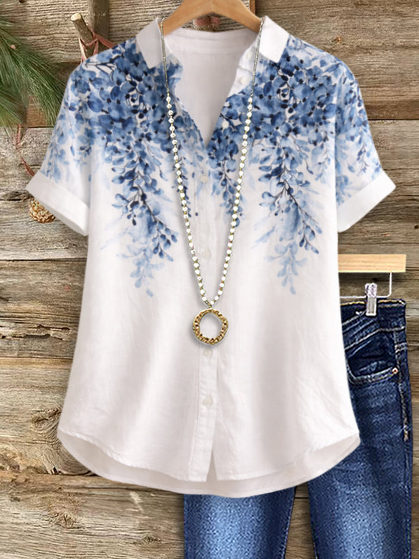 Blue Willow V-Neck Button Blouse