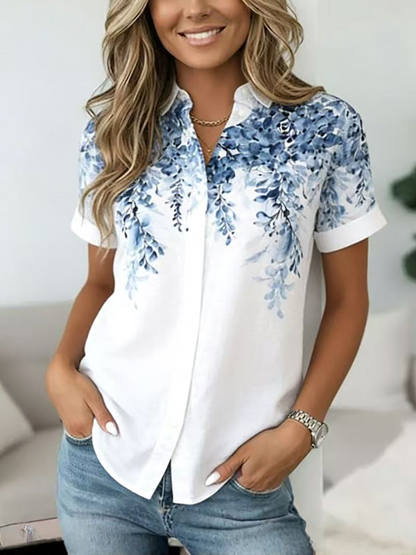 Blue Willow V-Neck Button Blouse