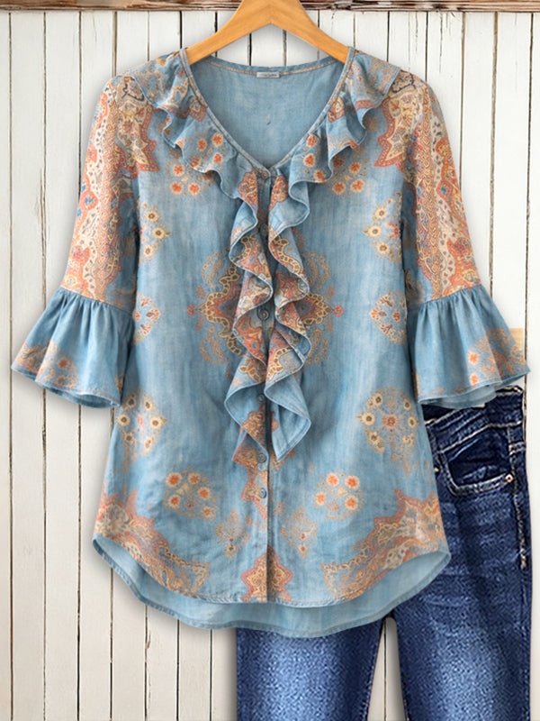 Vintage Paisley Ruffle Front Blouse