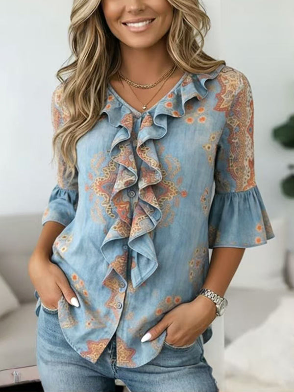 Vintage Paisley Ruffle Front Blouse