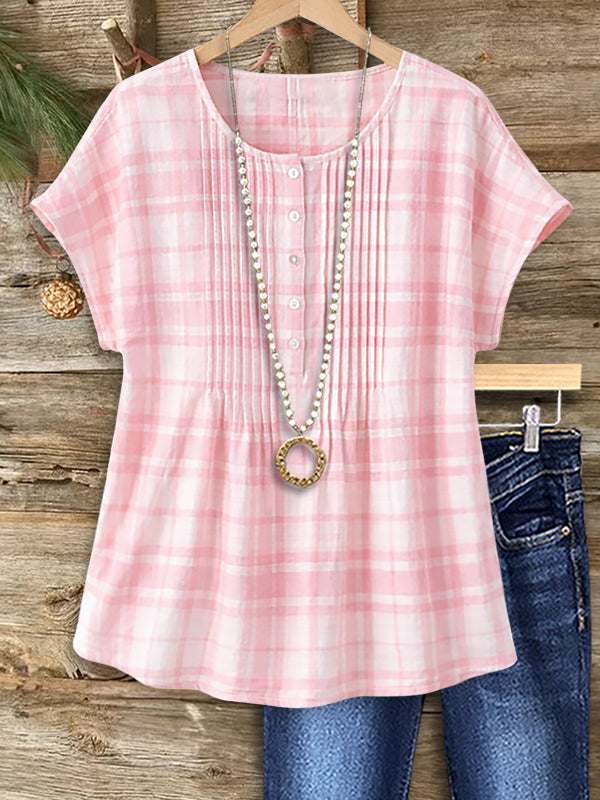 Pink Plaid Pintuck Blouse
