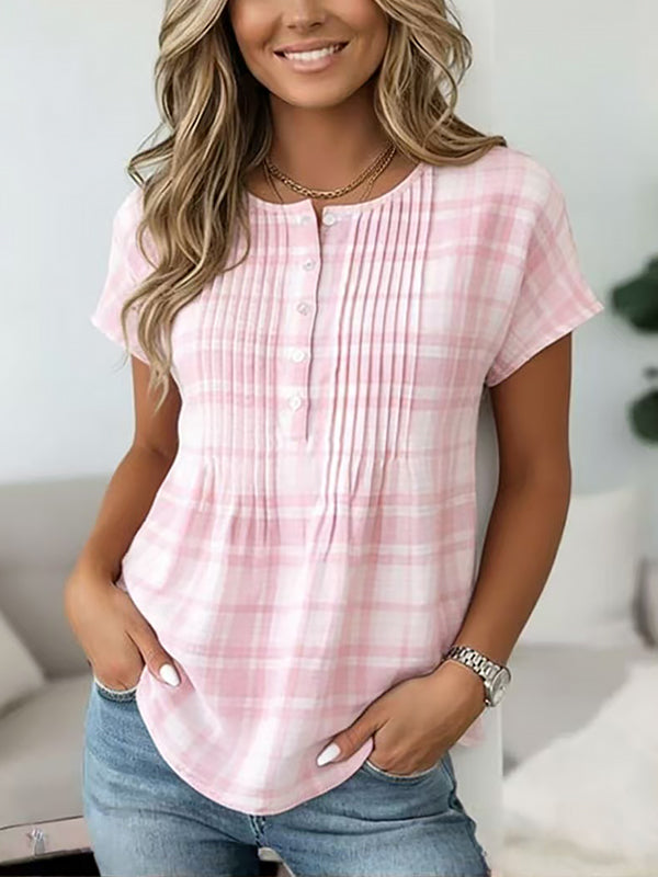 Pink Plaid Pintuck Blouse