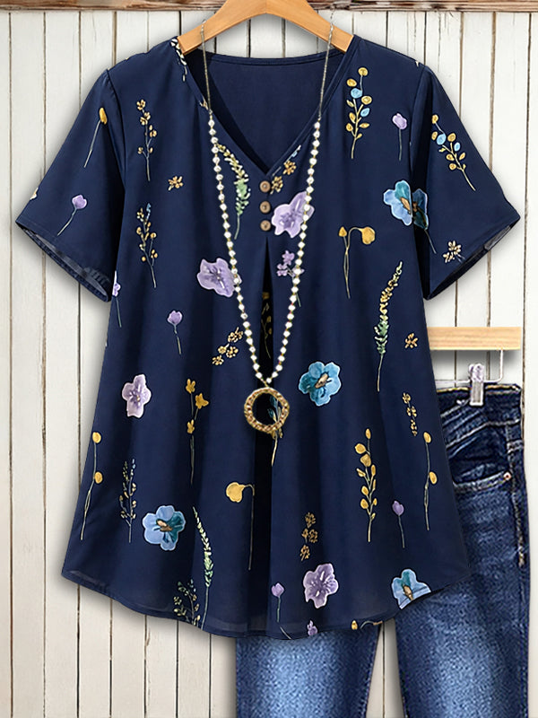 Midnight Bloom V-Neck Blouse