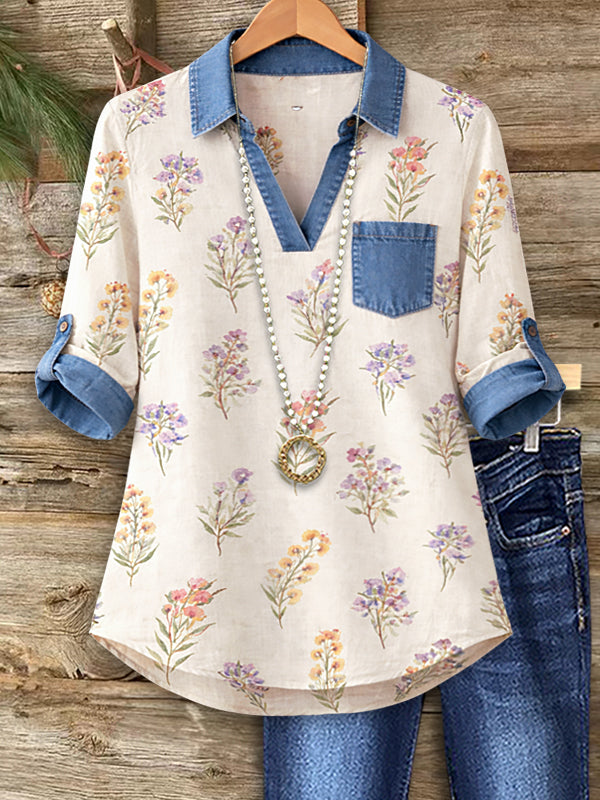 Denim Accent Floral Blouse