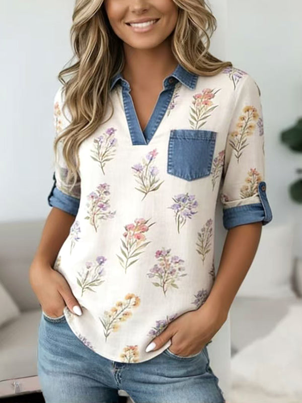Denim Accent Floral Blouse