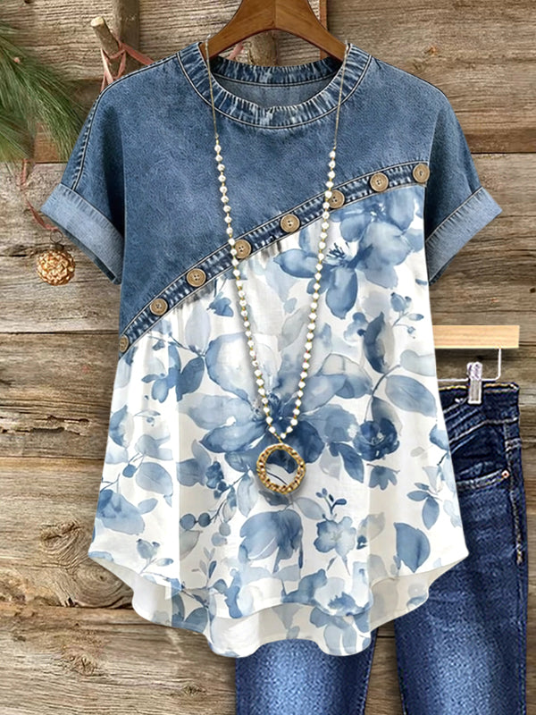 Denim Bloom Patchwork Top