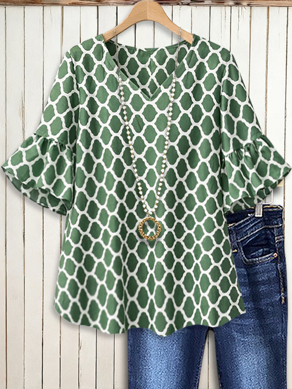 Emerald Lattice Ruffle Sleeve Top