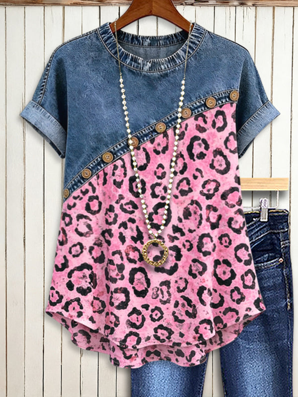Vintage Patch Leopard Denim Top