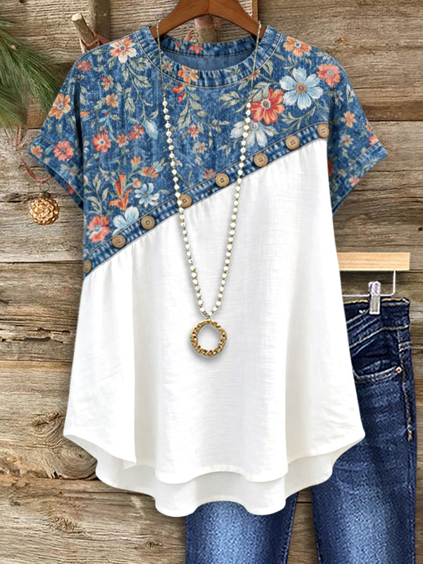 Denim Floral Contrast Top