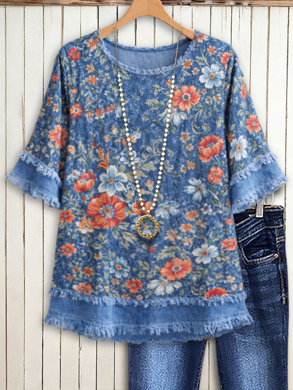 Vintage Floral Frayed Hem Top