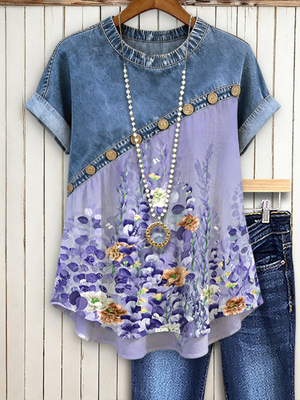 Lavender Meadow Denim Patchwork Top