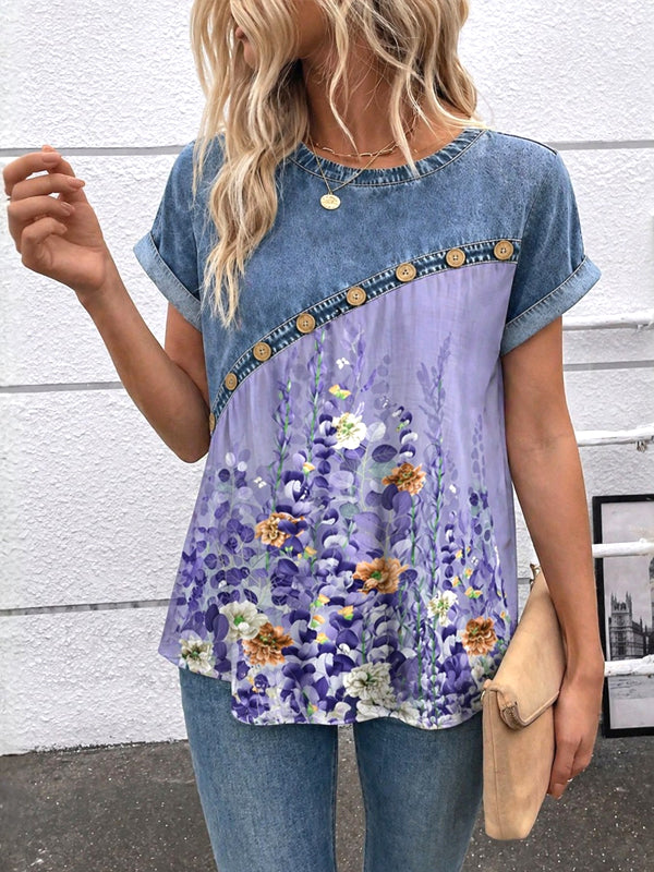 Lavender Meadow Denim Patchwork Top