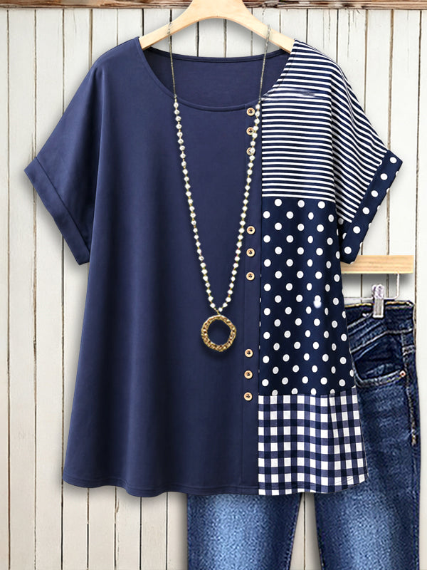 Navy Charm Mixed Print Button Accent Top