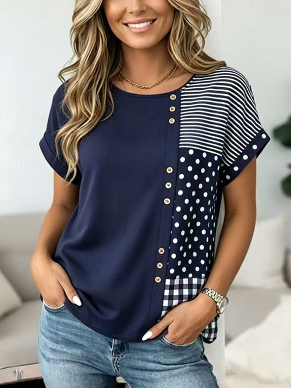 Navy Charm Mixed Print Button Accent Top