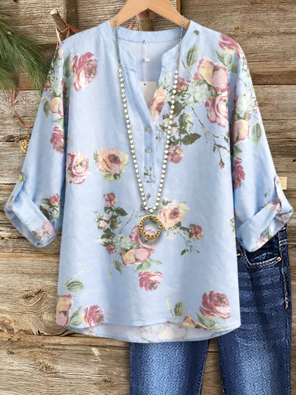 Sky Garden Floral Roll-Tab Blouse