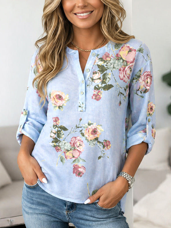 Sky Garden Floral Roll-Tab Blouse