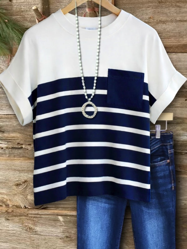 Crew Neck Striped Pocket Tee