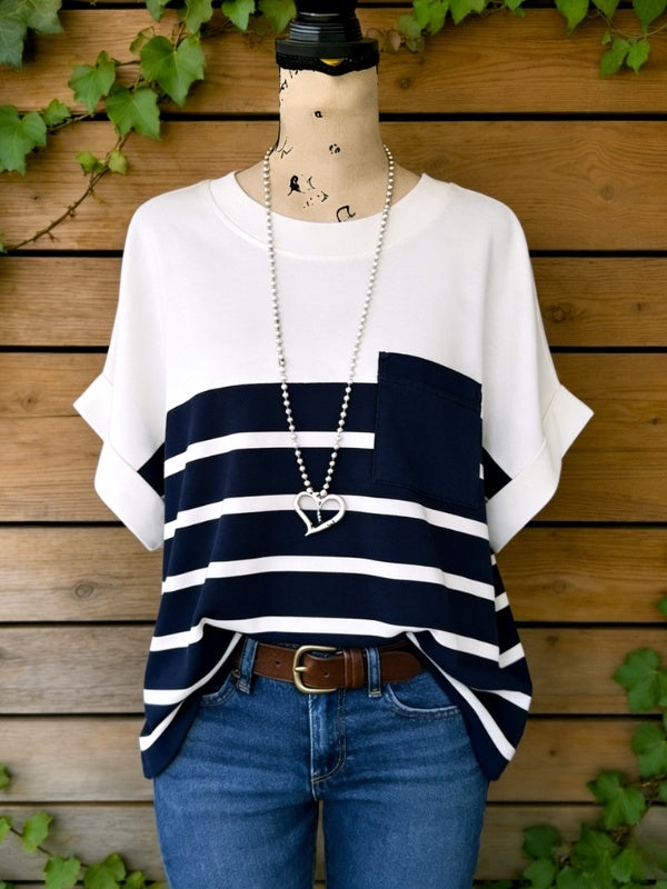 Crew Neck Striped Pocket Tee