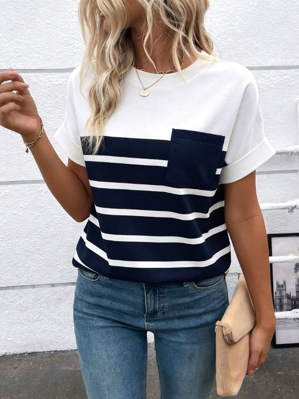Crew Neck Striped Pocket Tee