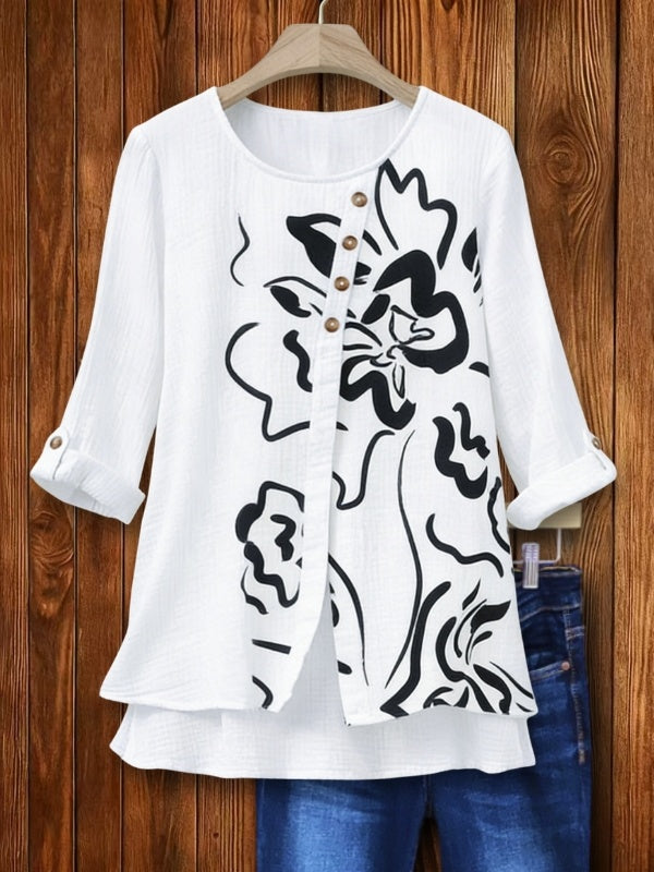 Split Neck Button-Up Floral Blouse