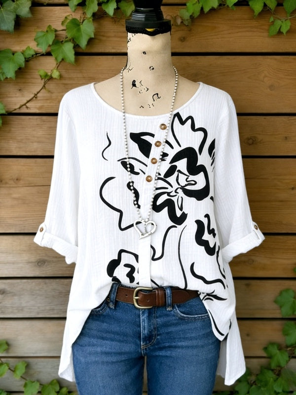 Split Neck Button-Up Floral Blouse