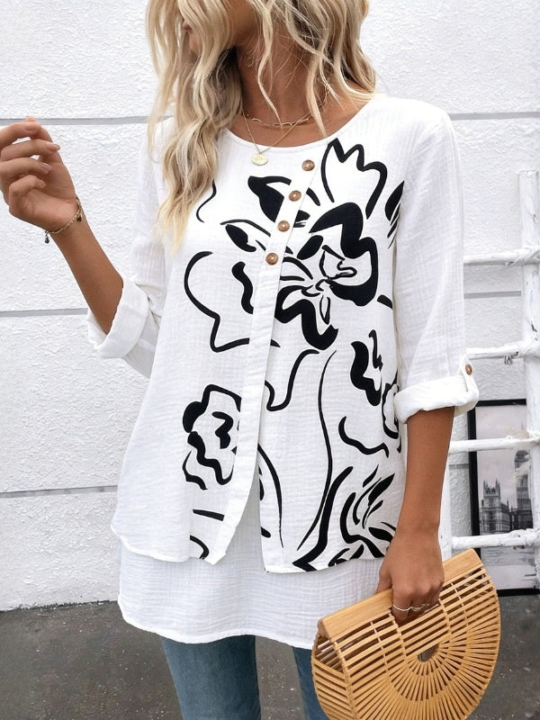 Split Neck Button-Up Floral Blouse