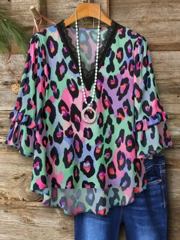 V-Neck Ruffle Sleeve Leopard Top