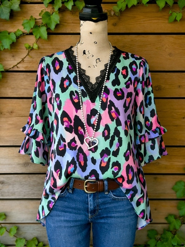 V-Neck Ruffle Sleeve Leopard Top