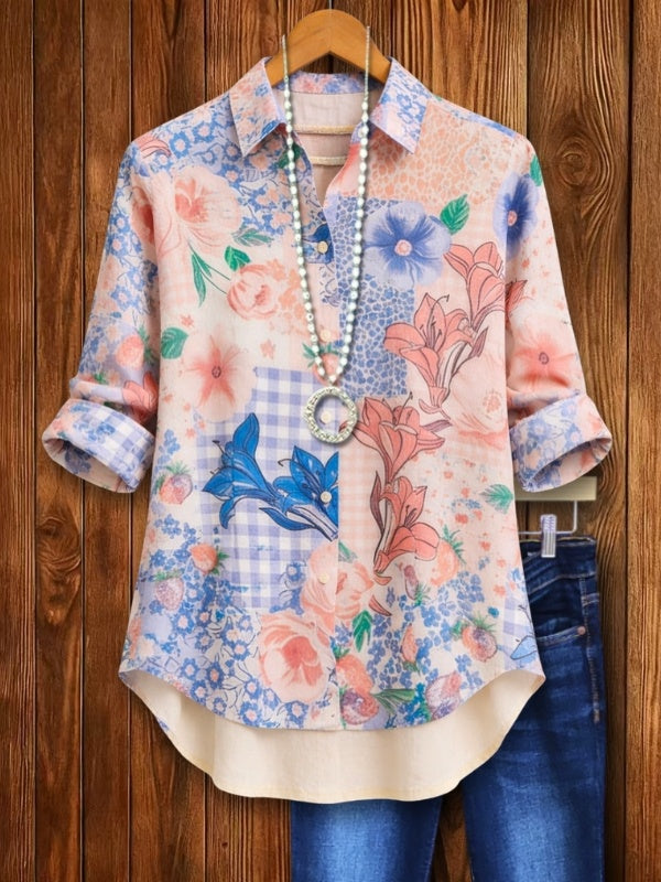 Collared Patchwork Floral Button Shirt