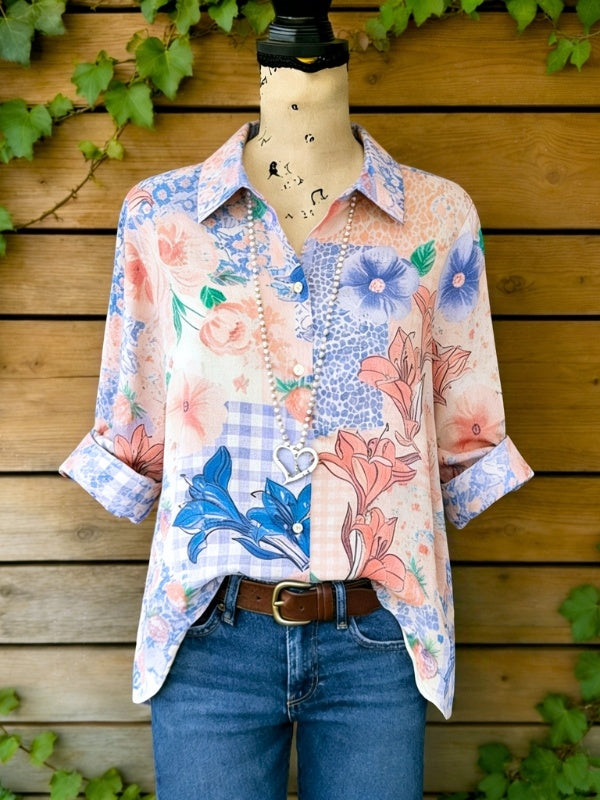 Collared Patchwork Floral Button Shirt